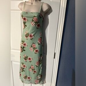 Green Garden Goddess Midi Mesh floral print dress w lettuce edge hem so pretty🌸